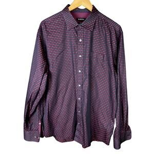 Men's Bugatchi Plaid Dark Red/Navy Blue Button-Up Shirt - Size Medium